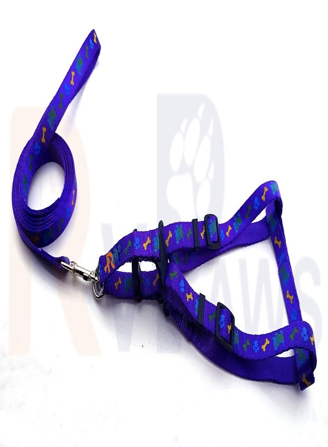 Pups&Pets 15 MM Soft Nylon Adjustable Bone Paw Printed Colourful Puppy Nylon Harness Set with Metal Hook Leash (Purple) - Image 1